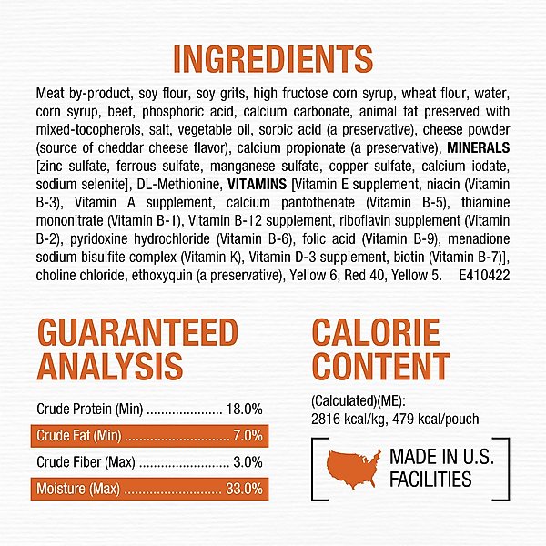 Show full view: Moist & Meaty Burger with Cheddar Cheese Flavor Dry Dog Food, 6-oz pouch, case of 72 slide 4 of 11
