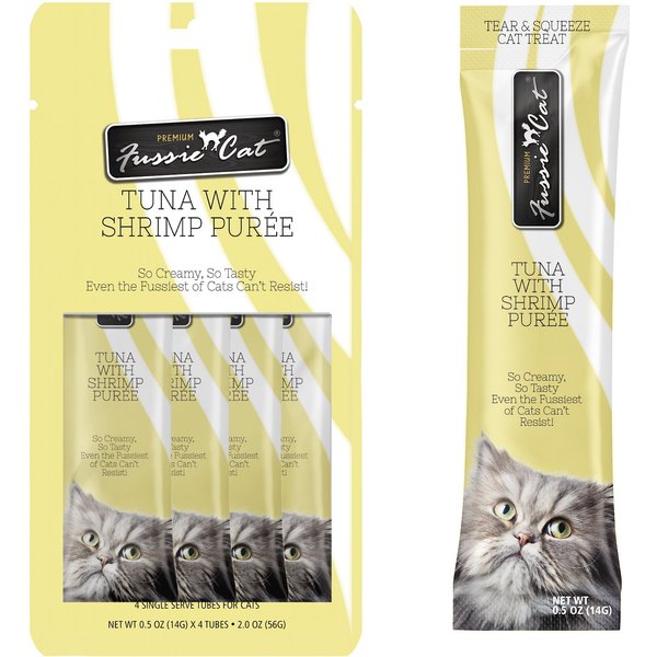Fussie Cat Tuna with Prawns Puree Lickable Cat Treats, 0.5-oz pouch, pack of 4