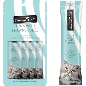 Fussie Cat Tuna with Prawns Puree Lickable Cat Treats, 0.5-oz pouch, pack of 4
