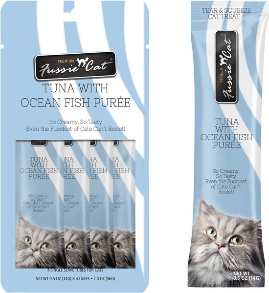 Fussie Cat Tuna with Ocean Fish Puree Lickable Cat Treats, 0.5-oz pouch, pack of 4 slide 1 of 6