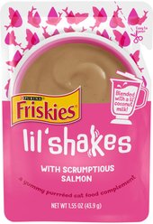 Friskies Pureed Topper Lil Shakes with Scrumptious Salmon Cat Food, 1.55-oz bag, case of 16