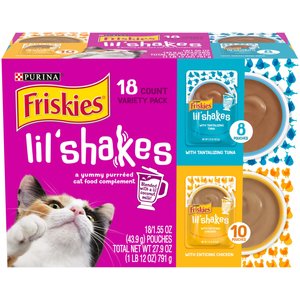 Friskies Pureed Lil' Shakes Chicken & Tuna Variety Pack Cat Food, 1.55-oz bag, case of 18
