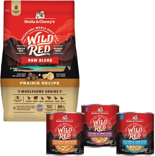 Stella & Chewy's Wild Red Raw Blend Kibble Wholesome Grains Prairie Recipe Dry Food + Wild Red Variety Pack Wet Dog Food slide 1 of 9