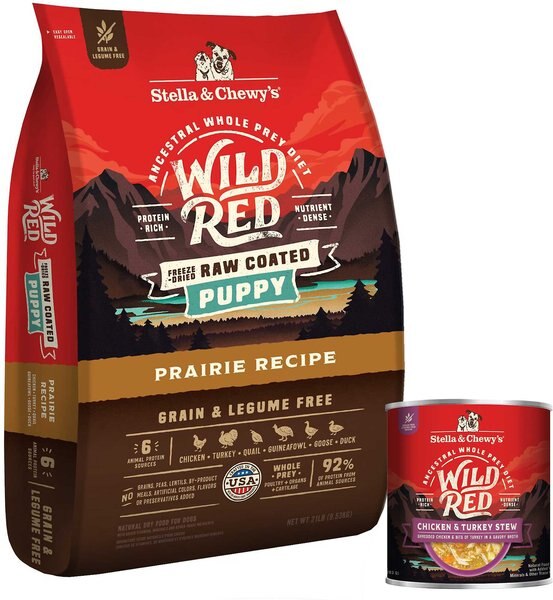 Stella & Chewy's Wild Red Raw Coated Kibble Puppy Prairie Recipe Dry Food + Wild Red Chicken & Turkey Stew Wet Dog Food slide 1 of 9