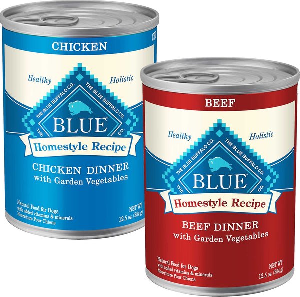 Blue Buffalo Homestyle Recipe Chicken Dinner with Garden Vegetables & Brown Rice + Beef Dinner with Garden Vegetables & Sweet Potatoes Canned Dog Food slide 1 of 9