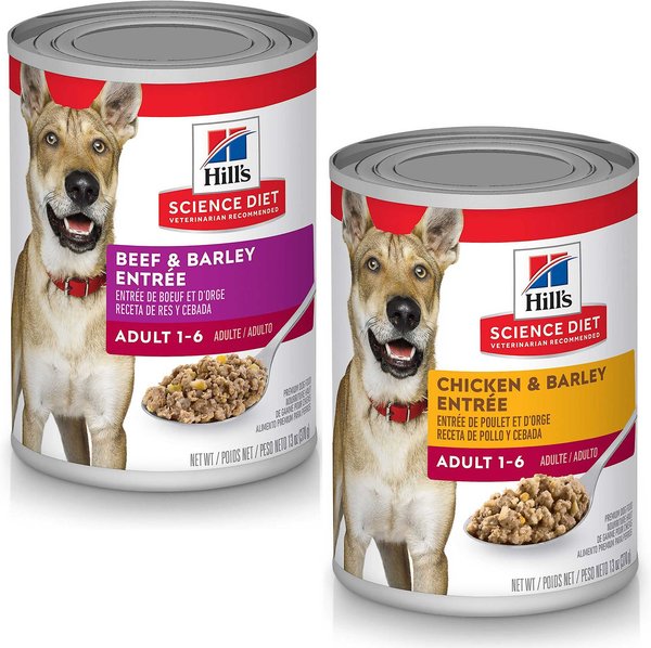 Hill's Science Diet Adult Beef & Barley Entrée + Chicken & Barley Entrée Canned Dog Food slide 1 of 9