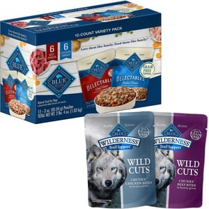 Blue Buffalo Delectables Chicken & Beef Dinner Variety Pack + Wilderness Trail Toppers Wild Cuts Variety Pack Chunky Chicken & Beef Bites in Gravy Dog Food Topper