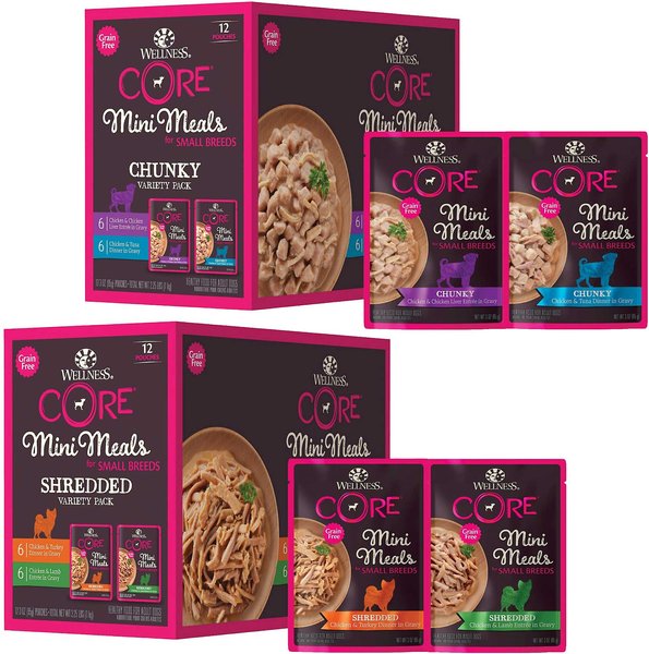 Wellness CORE Mini Meals Chicken & Turkey, Chicken & Lamb Shredded + Chicken & Chicken Liver, Chicken & Tuna Variety Pack Dog Food Pouches slide 1 of 9