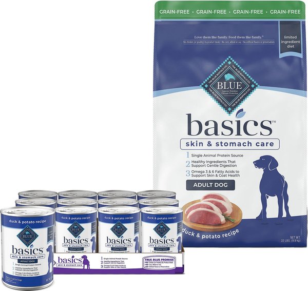 Blue Buffalo Basics Skin & Stomach Care Duck & Potato Canned Food + Dry Dog Food slide 1 of 9