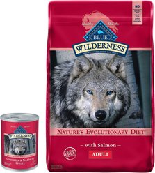 Blue Buffalo Wilderness Salmon & Chicken Grill Canned Food + Salmon Recipe Dry Dog Food