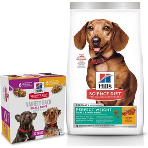 Hill's Science Diet Small Paws Chicken & Vegetables & Beef & Vegetables Variety Pack Wet Food Trays + Small & Mini Perfect Weight Dry Dog Food