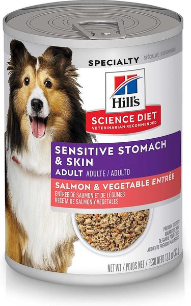 Hill's Science Diet Adult Sensitive Stomach & Skin Grain-Free Salmon & Vegetable Entree Canned Dog Food, 12.8-oz, case of 12, bundle of 2 slide 1 of 11