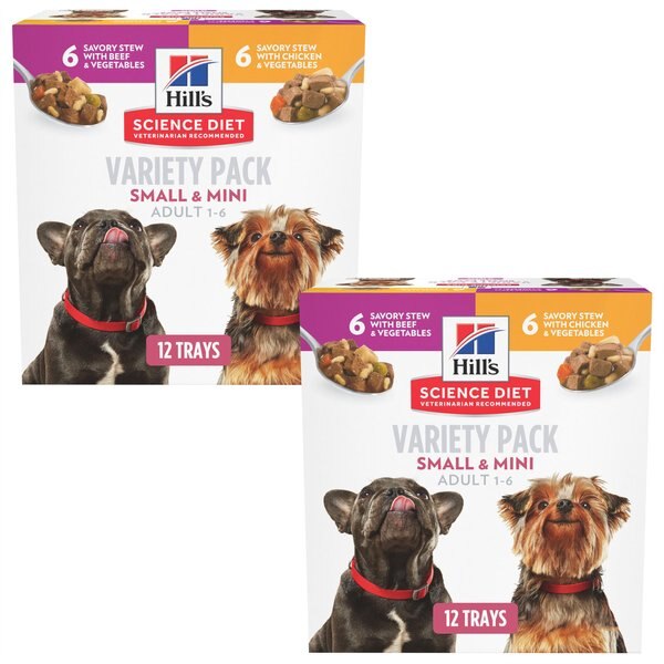 Hill's Science Diet Adult Small Paws Chicken & Vegetables & Beef & Vegetables Variety Pack Wet Dog Food Trays, 3.5 oz, case of 12, 3.5-oz, case of 12, bundle of 2 slide 1 of 9