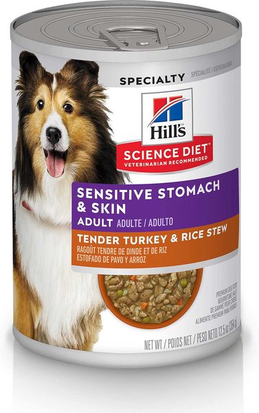Hill's Science Diet Adult Sensitive Stomach & Skin Tender Turkey & Rice Stew Canned Dog Food, 12.5-oz, case of 12, bundle of 2 slide 1 of 11