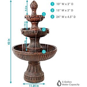 Sunnydaze Decor 3-Tier Flower Blossom Outdoor Electric Water Fountain
