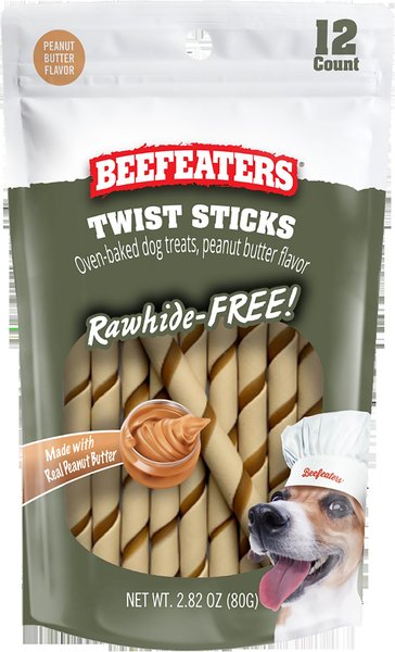 Beefeaters Twist Sticks Peanut Butter Rawhide Free Dog Treat, 2.82-oz bag, case of 12 slide 1 of 2