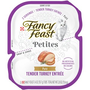Fancy Feast Gourmet Pate Petites Tender Turkey Entree Wet Cat Food, 2.8-oz tub, case of 12