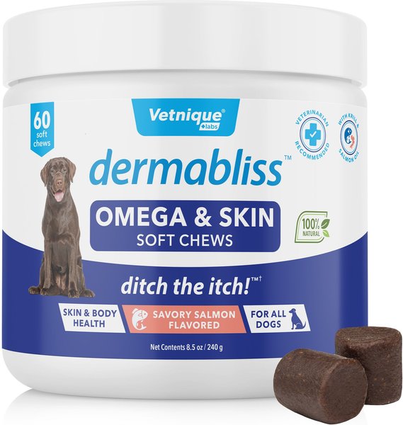 Vetnique Labs Dermabliss Omega & Skin Salmon Flavored Soft Chew Skin & Coat Supplement for Dogs, 60 count slide 1 of 9