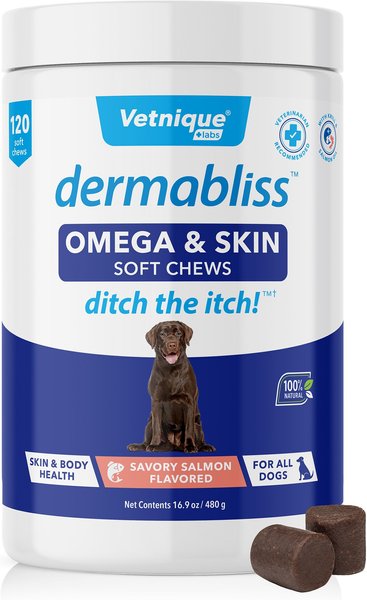 Vetnique Labs Dermabliss Omega & Skin Salmon Flavored Soft Chew Skin & Coat Supplement for Dogs, 120 count slide 1 of 7