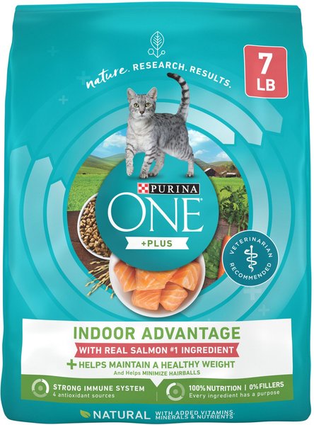 Purina ONE +Plus Indoor Advantage with Real Salmon Natural Adult Dry Cat Food, 7-lb bag slide 1 of 9