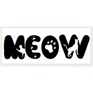 Stupell Industries Meow Phrase Cat Paw Print Typography Minimal Black Cat Wall Décor, White Framed, 10 x 1.5 x 24-in