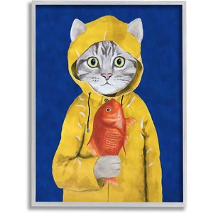 Stupell Industries Fisherman Feline Yellow Coat Cat Wall Décor, Gray Framed, 11 x 1.5 x 14-in