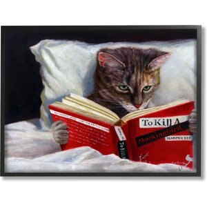 Stupell Industries Cat Reading a Book in Bed Funny Painting Cat Wall Décor, Black Framed, 11 x 1.5 x 14-in
