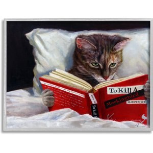 Stupell Industries Cat Reading a Book in Bed Funny Painting Cat Wall Décor, Gray Framed, 11 x 1.5 x 14-in