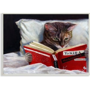 Stupell Industries Cat Reading a Book in Bed Funny Painting Cat Wall Décor, White Framed, 16 x 1.5 x 20-in