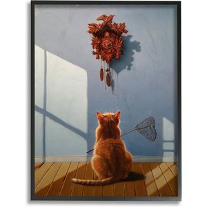 Stupell Industries Cat Waiting For The Cuckoo Clock Funny Dramatic Painting Cat Wall Décor, Black Framed, 11 x 1.5 x 14-in