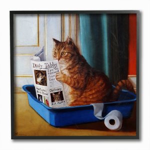 Stupell Industries Litter Box Reading Funny Cat Pet Painting Cat Wall Décor, Black Framed, 12 x 1.5 x 12-in