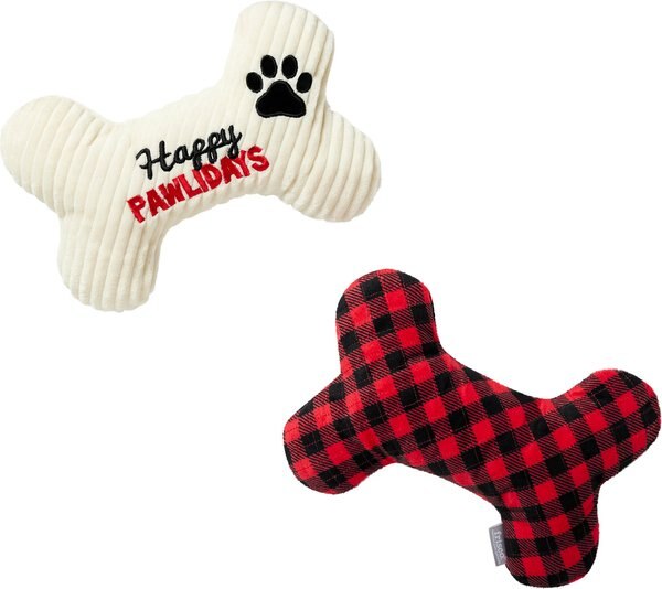 Frisco Holiday "Happy Pawlidays" Bone Plush Squeaky Dog Toy, Medium, 2 count slide 1 of 5