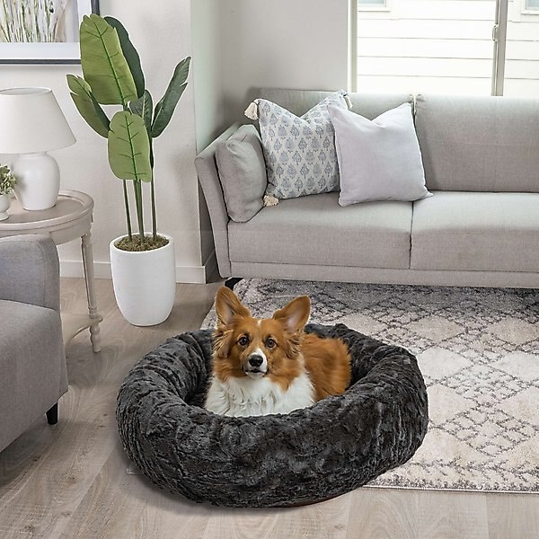 Best Friends by Sheri Calming Lux Fur Donut Cuddler Bolster Cat & Dog Bed, Mink, Large slide 1 of 9