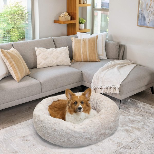 Best Friends by Sheri Calming Lux Fur Donut Cuddler Bolster Cat & Dog Bed, Oyster, Medium slide 1 of 7