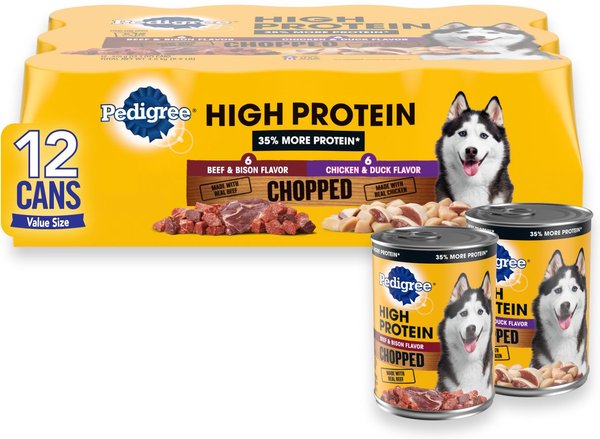 Pedigree High Protein Chopped Beef & Bison Flavor & Chopped Chicken & Duck Flavor Adult Canned Soft Wet Dog Food Variety Pack, 13.2-oz can, case of 12 slide 1 of 9