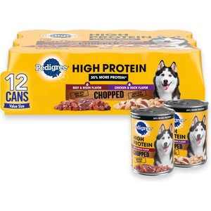 Pedigree High Protein Chopped Beef & Bison Flavor & Chopped Chicken & Duck Flavor Canned Soft Wet Dog Food Variety Pack, 13.2-oz can, case of 12
