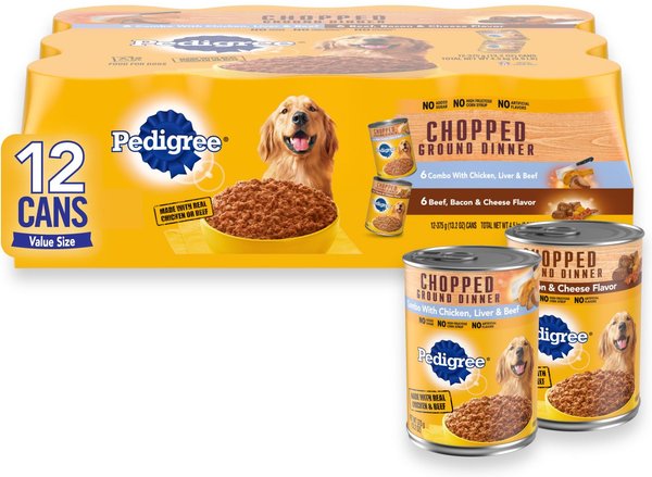 Pedigree Chopped Ground Dinner Liver & Beef, Beef, Bacon & Cheese Flavor with Chicken Adult Canned Wet Dog Food Combo Variety Pack, 13.2 oz, case of 12 slide 1 of 9