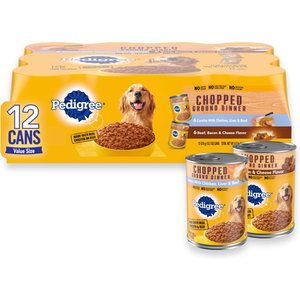 Pedigree Chopped Ground Dinner Liver & Beef, Beef, Bacon & Cheese Flavor with Chicken Adult Canned Wet Dog Food Combo Variety Pack, 13.2-oz, 12 count