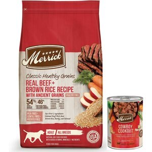Merrick Classic Healthy Grains Real Beef + Brown Rice Recipe with Ancient Grains Dry Food + Wet Dog Food Cowboy Cookout