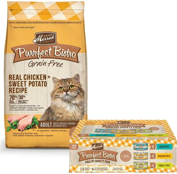 Merrick Purrfect Bistro Real Chicken + Sweet Potato Recipe Dry Food + Poultry Variety Pack Canned Cat Food slide 1 of 9