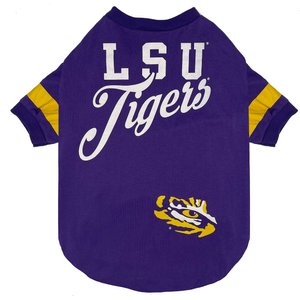 Pets First NCAA Dog & Cat Stripe Slv T-Shirt, Louisiana State Tigers, Medium