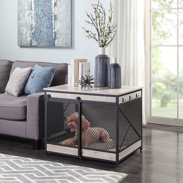 UNIPAWS Furniture Style Sliding Door Dog Crate, Weathered Grey, Medium