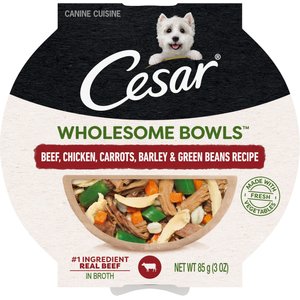 Cesar Wholesome Bowls Beef, Chicken, Carrots, Barley & Green Beans Recipe Adult Soft Wet Dog Food Topper, 3-oz Bowl, Case of 10
