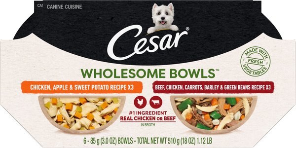 Cesar Wholesome Bowls Variety Pack, Beef, Chicken, Carrots, Barley & Green Beans Recipe & Chicken, Apple & Sweet Potato Recipe Adult Soft Wet Dog Food, 3-oz Bowl, Case of 6 slide 1 of 9