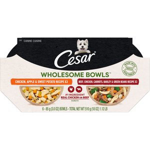Cesar Wholesome Bowls Variety Pack Beef, Chicken, Carrots, Barley & Green Beans Recipe & Chicken, Apple & Sweet Potato Recipe Small Breed Adult Soft Wet Dog Food, 3-oz bowl, case of 6