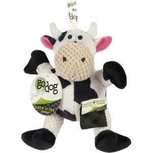 GoDog Checkers Sitting Cow Squeaker Dog Toy, White, Small