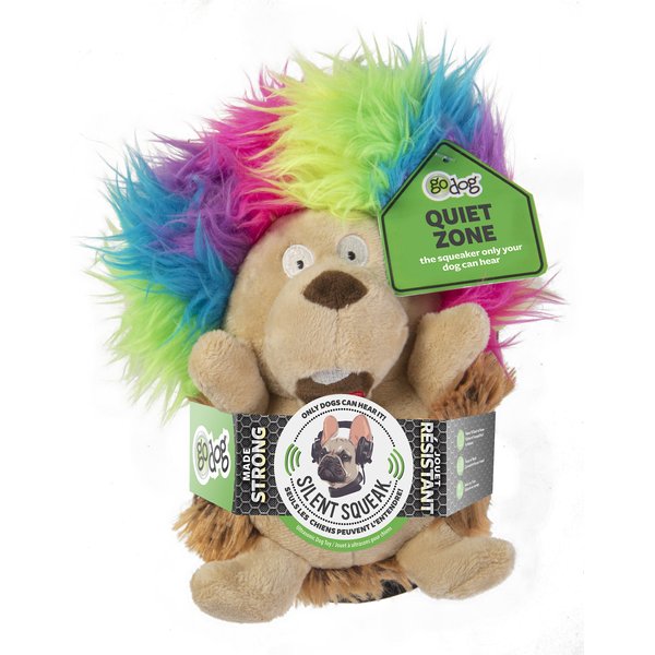 GODOG Silent Squeak Crazy Hairs Hedgehog Dog Toy, Brown, Large