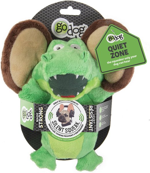 GoDog Silent Squeak Flips Gator Monkey Dog Toy Green