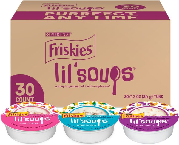 FRISKIES Lil Soups Salmon Tuna Shrimp Variety Pack Grain Free Bits in Broth Wet Lickable Cat Food Topper 1.2 oz tray case of 30 Chewy