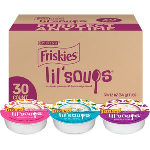 Friskies Lil' Soups Salmon, Tuna, & Shrimp Variety Pack Grain-Free Bits in Broth Wet Cat Food, 1.2-oz, case of 30